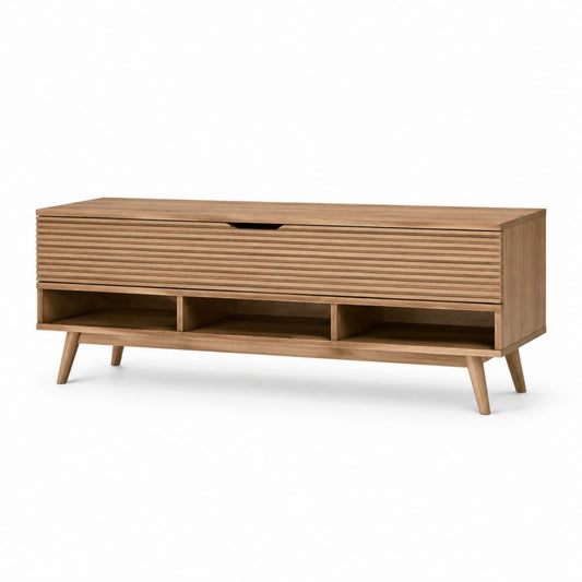 TV-Lowboard Eiche Natur mit Lamellentür und 3 offenen Fächern 160 x 40 x 60 cm