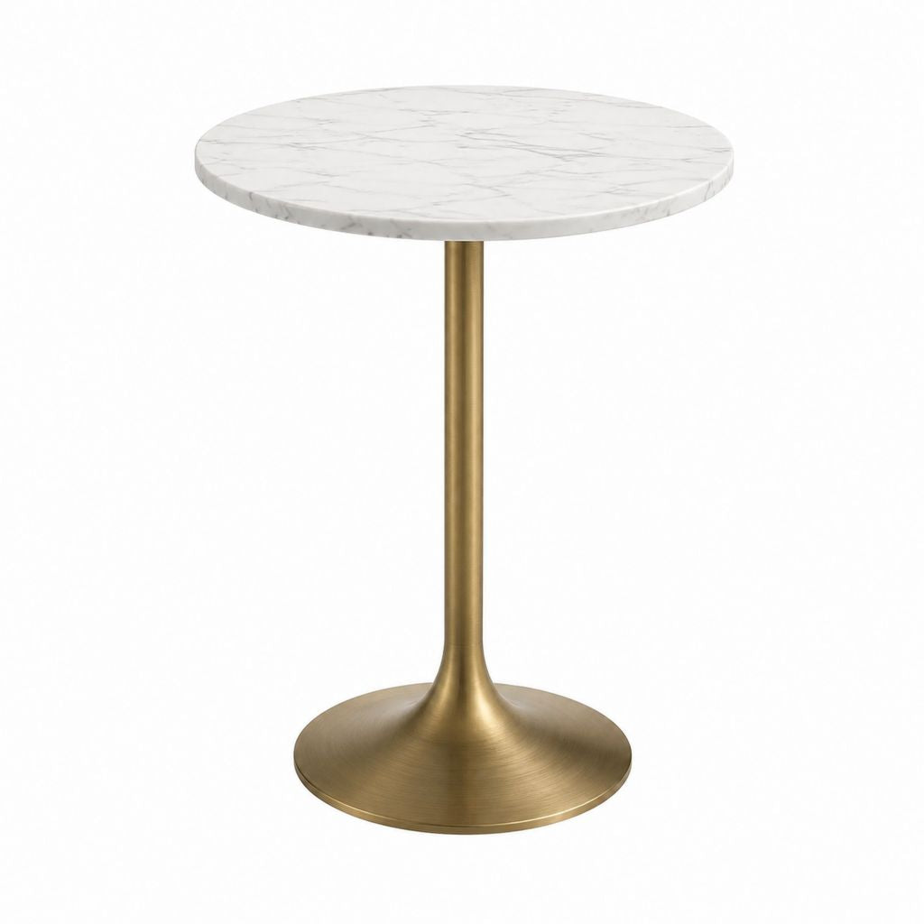 Runder Esstisch Weiß Gold mit MDF-Tischplatte in Marmoroptik und Stahlfuß Ø 70 cm Höhe 75 cm