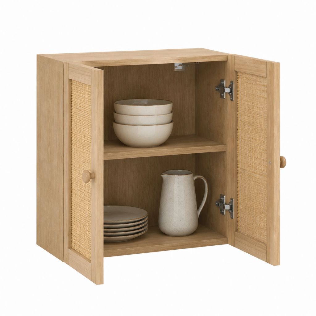 Küchenhängeschrank mit 2 Türen aus Eichenfurnier und Rattan in Natur 60 x 30 x 80 cm
