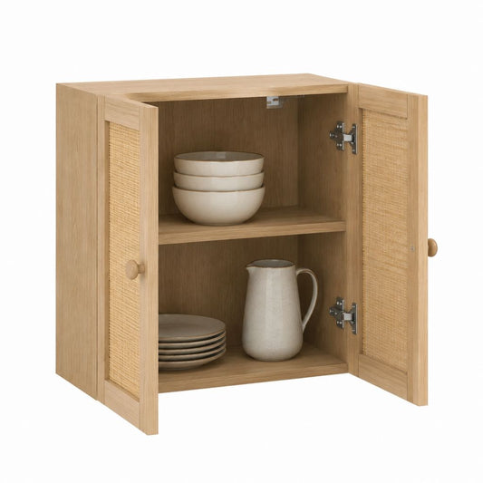 Küchenhängeschrank mit 2 Türen aus Eichenfurnier und Rattan in Natur 60 x 30 x 80 cm