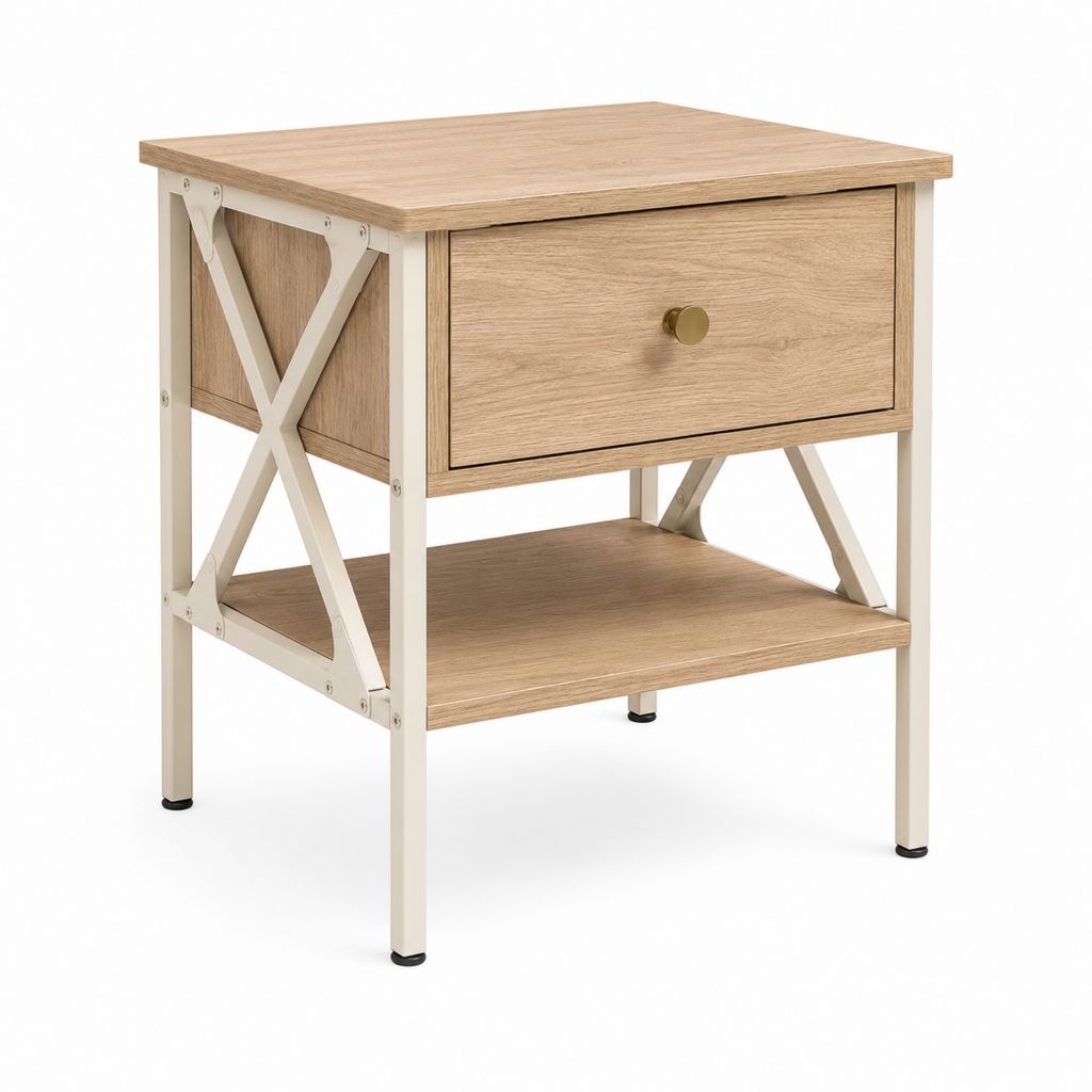 Nachttisch mit Schublade und Ablage Naturfarben Creme Stahl MDF rechteckig 50 x 40 x 60 cm
