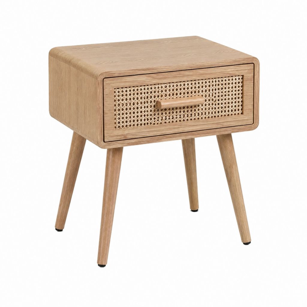Nachttisch mit Schublade Natur Massivholz Rattan rechteckig 40 x 35 x 55 cm