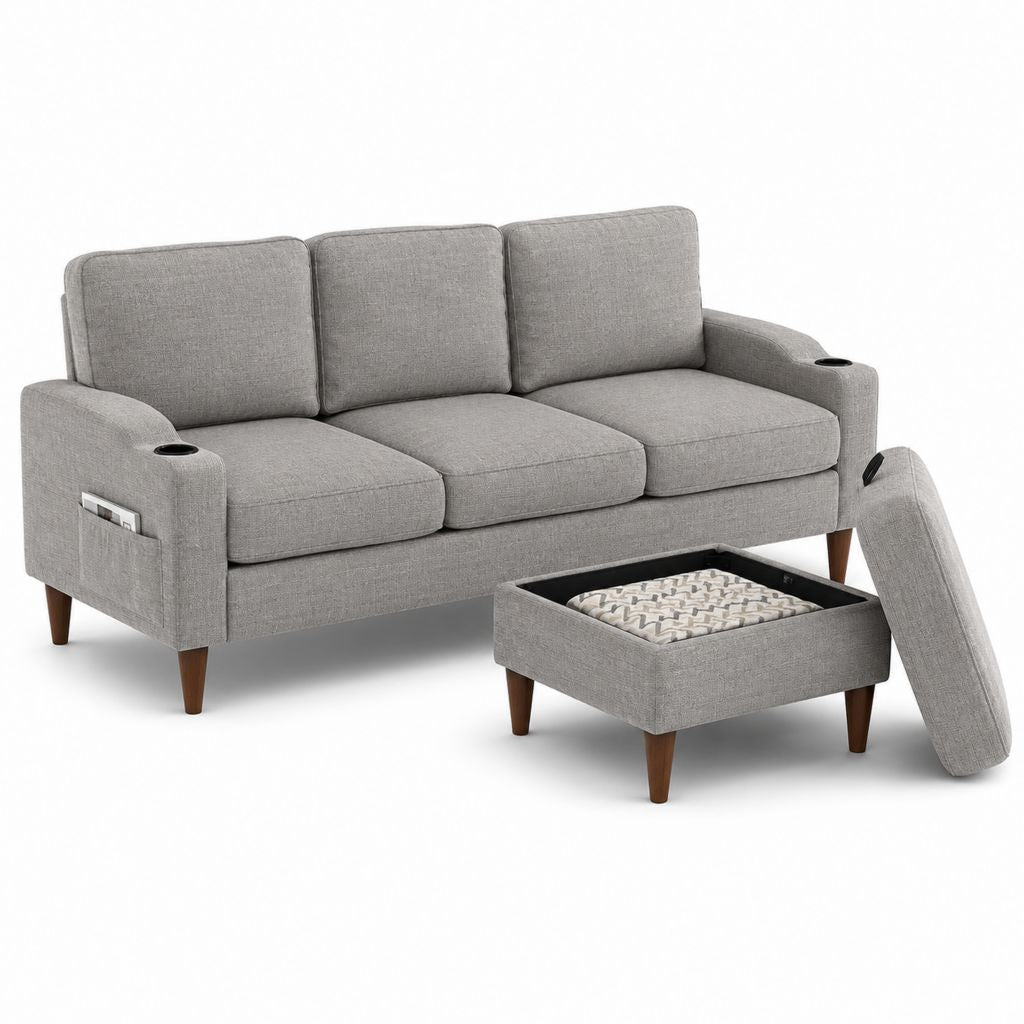 3-Sitzer Sofa mit Hocker Grau Polyester Rechteckig 200 x 86 x 88 cm