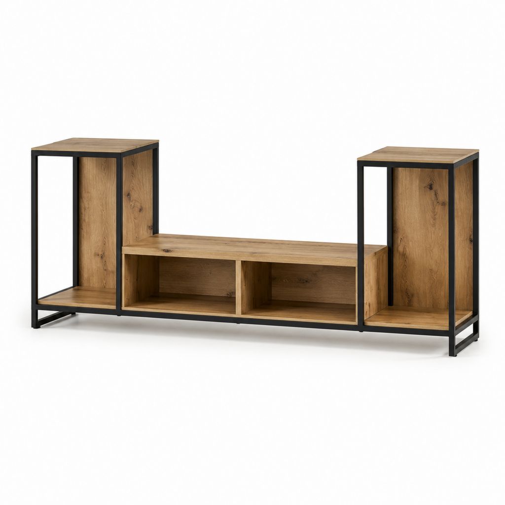 TV-Schrank mit Regal Eicheoptik Schwarz Spanplatte Stahl 180 x 40 x 100 cm
