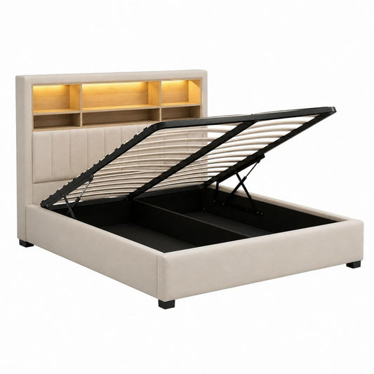 Stauraumbett Beige mit Polyesterbezug und LED-Regal 160 x 200 cm